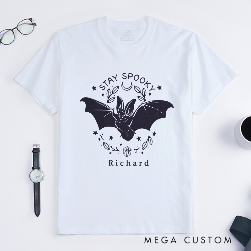 Personalized Stay Spooky Bat Classic T-Shirts Custom Halloween Gift Unique Gothic Graphic Tee Unisex Casual Top Personalized Name Present