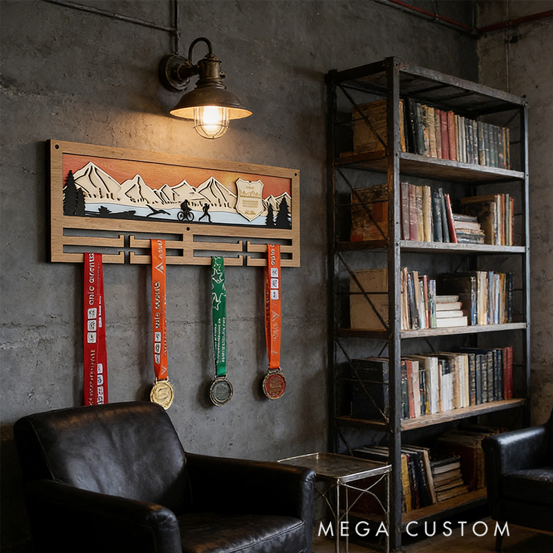 Personalized Custom Wood Triathlon Medal Holder with Mountain Art – Wall Decor for Race Medals (Bike/Run/Swim)