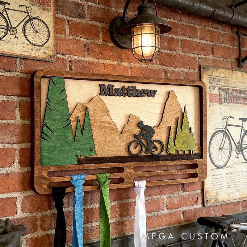 Personalized Cycling Medal Holder – Custom Wood Wall Decor for Bike Race Medals (Engraved Name & Mountain Design)