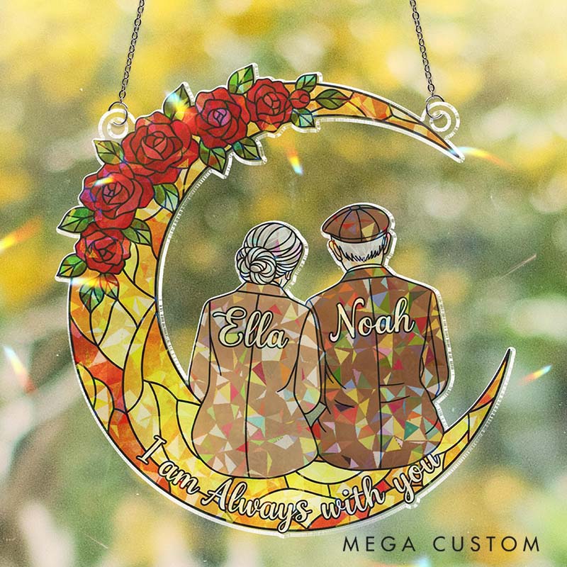 Personalized Elderly Couple Love To The Moon and Back Suncatcher Custom Moon Shaped Floral Style Window Decor Anniversary Gift Valentines Day Gift