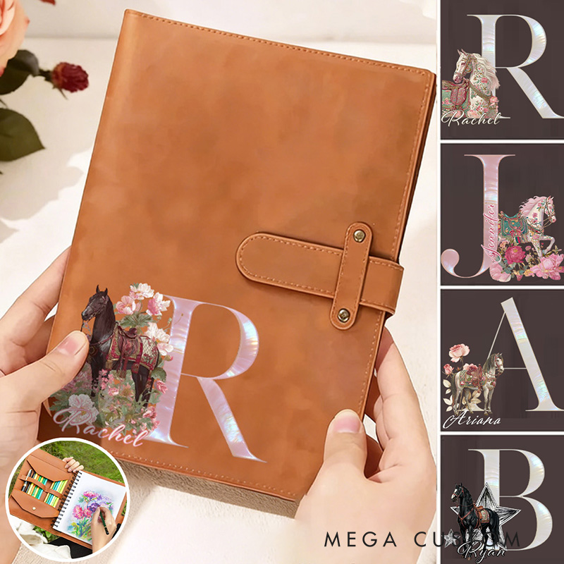 Personalized Horse Riding Initial Name PU Leather A5 Sketchbook Notebook Cover with Storage Pocket Birthday Gift for Horse Lovers Riding Lovers Equestrian Lovers