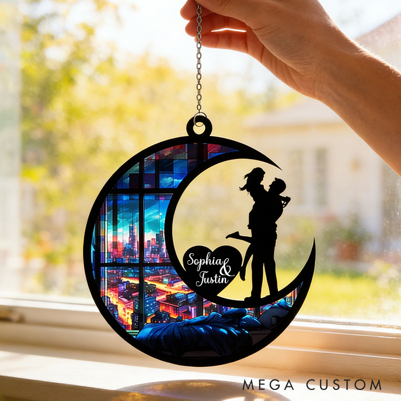 Personalized Couple Silhouette Love To The Moon and Back Suncatcher Custom Moon Shaped Window Decor Anniversary Gift Valentines Day Gift for Him Her