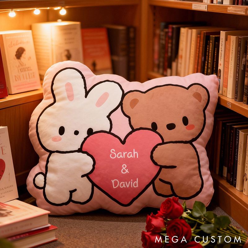 Personalized Bunny & Bear Throw Pillow Custom Names Couple Home Pillow Romantic Valentine's Day Gift for Girlfriend for Wife Friend