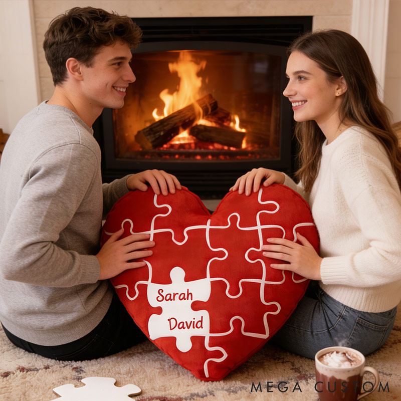 Personalized Missing Piece Heart Throw Pillow Custom Names Couple Home Pillow Romantic Valentine's Day Gift for Girlfriend for Wife Friend