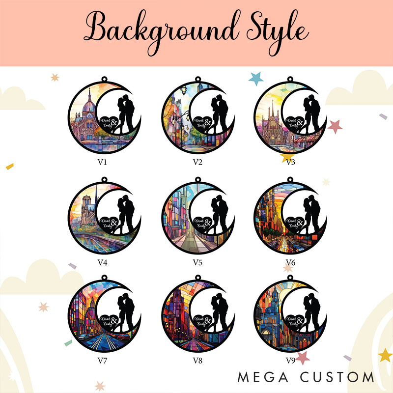 Personalized Couple Kissing Silhouette Love To The Moon and Back Suncatcher Custom Moon Shaped Window Decor Anniversary Gift Valentines Day Gift