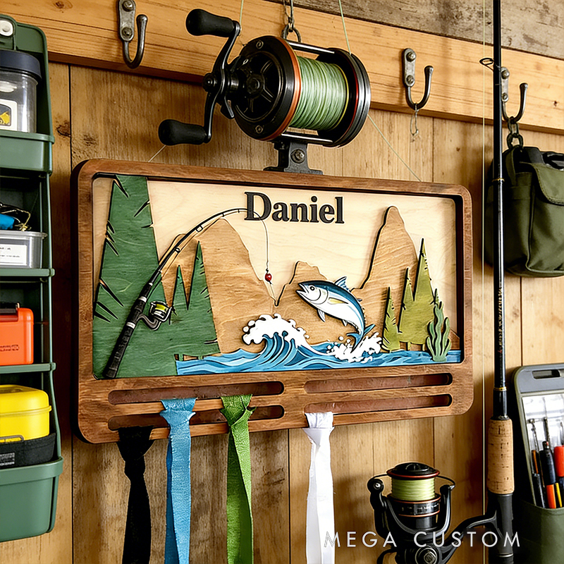 Personalized Fishing Themed Wooden Medal & Hat Rack - Custom Name Wall Decor for Anglers