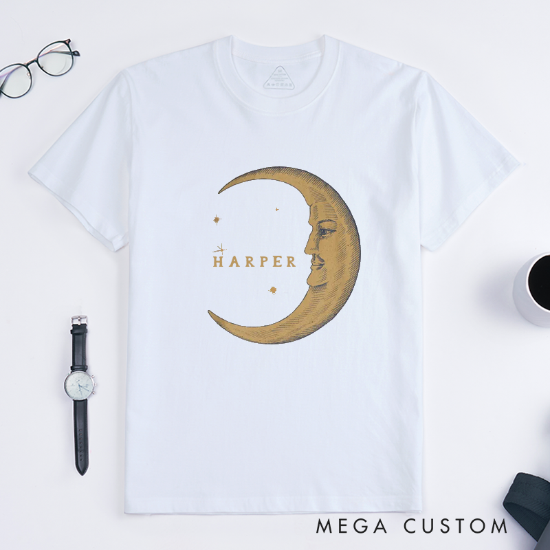 Personalized Moon Face Vintage Classic T-Shirts Custom Name Celestial Graphic Unisex Gift for Birthday Anniversary Unique Present for Him or Her 