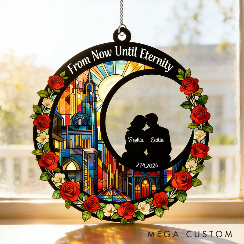 Personalized Couple Silhouette You and Me We Got This Suncatcher Custom Round Shaped Rose Flower Window Decor Anniversary Gift Valentines Day Gift