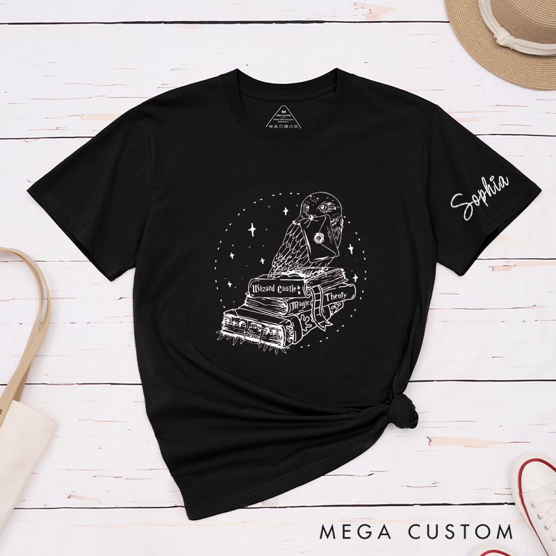 Personalized Owl Letter Wizard Books Classic T-Shirts Custom Name Magic Theory Gift for Book Lovers Fantasy Fans Unisex Unique Birthday Present