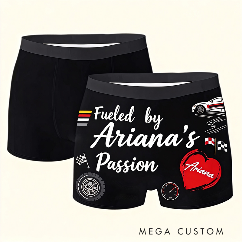 Personalized Fueled by [Name]s Passion Boxer Briefs Custom Name Valentine Gift for Husband or Boyfriend Race Car Lovers
