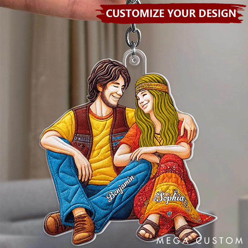 Personalized Hippie Couple Keychain Custom Features Names Keychain Romantic Gift for Valentine's Day Gift for Couple For Him Her