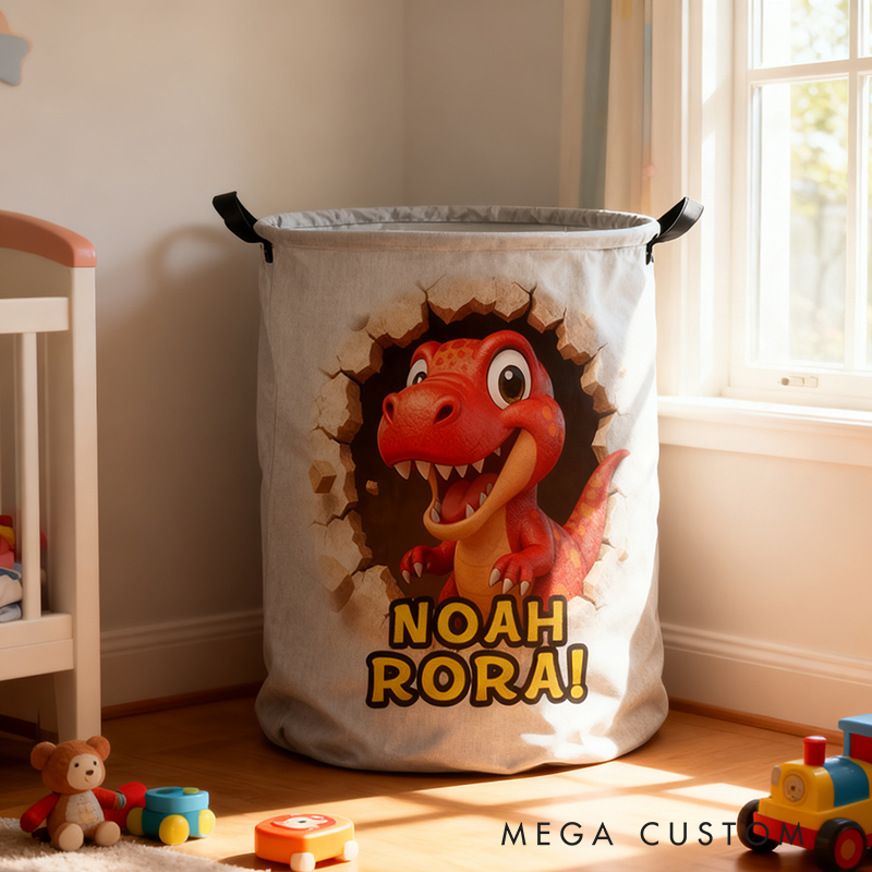 Personalized Dino Blast Adventure Theme Large Waterproof Laundry Hamper with Handle Custom Name Embroidery Kids Holiday Gift