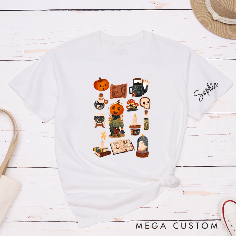 Personalized Cute Ghost Skull Classic T-Shirts Custom Halloween Spooky Unisex Gift for Friends and Family Retro Scary Party Shirt
