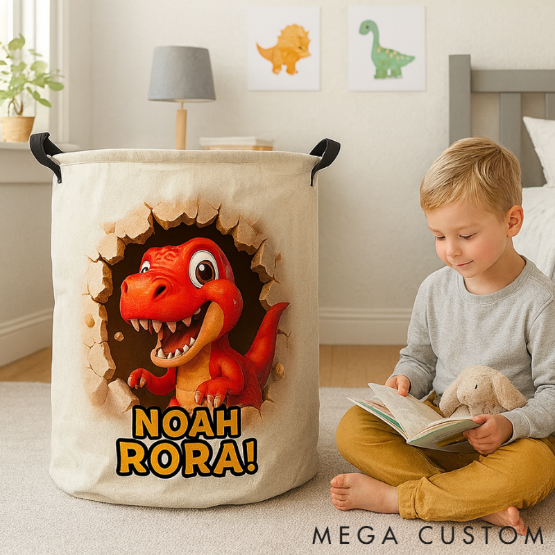 Personalized Dino Blast Adventure Theme Large Waterproof Laundry Hamper with Handle Custom Name Embroidery Kids Holiday Gift