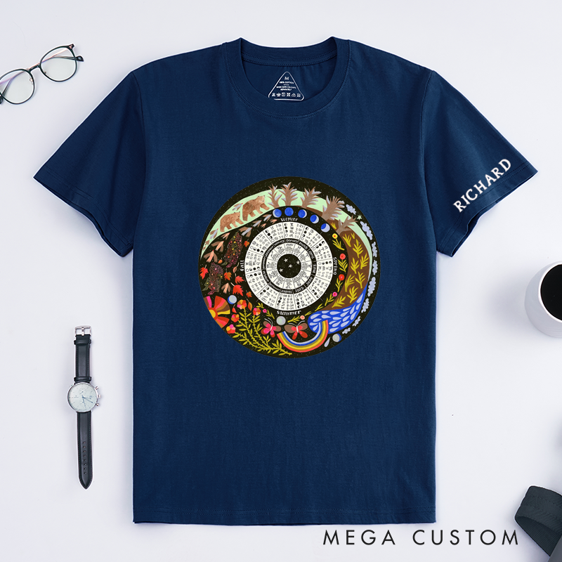 Personalized Nature Zodiac Calendar T-Shirt Custom Name Seasonal Moon Phase Chart Tee Unique Artistic Unisex Gift for Astrology Lovers and Family