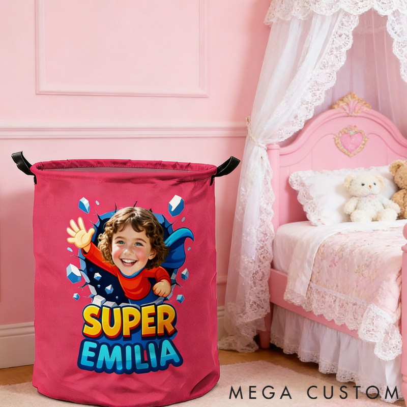 Personalized Fun Kids Laundry Basket with Handles Custom Photo and Name Embroidery Ideal Kids Gift