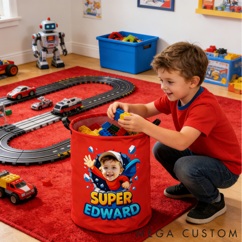 Personalized Whimsical Kids Laundry Hamper Large Waterproof with Handle Custom Photo and Name Embroidery Kids Holiday Gift