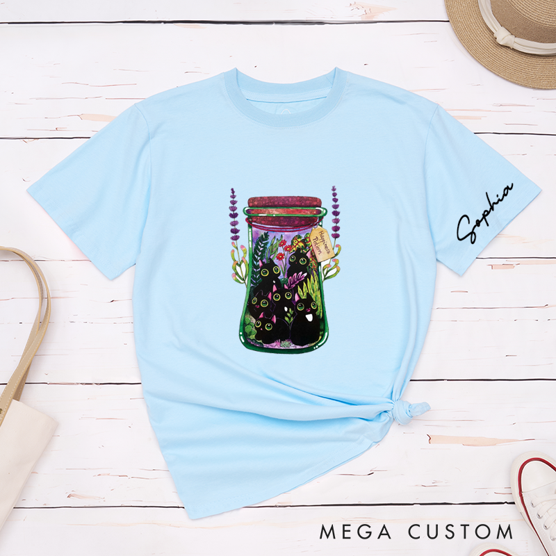 Personalized Cute Black Cat Happiness Potion T-Shirts Unique Artistic Gift for Cat Lovers Custom Pet Design Unisex Classic Tee