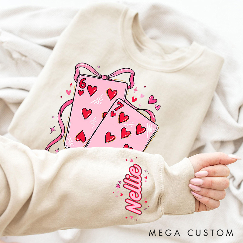 Personalized Girlfriend Wife Playing Cards Bow Tie 67 Sweatshirt with Name Couple Funny Coquette 6 7 Number Meme Matching Valentines Day Sweatshirt