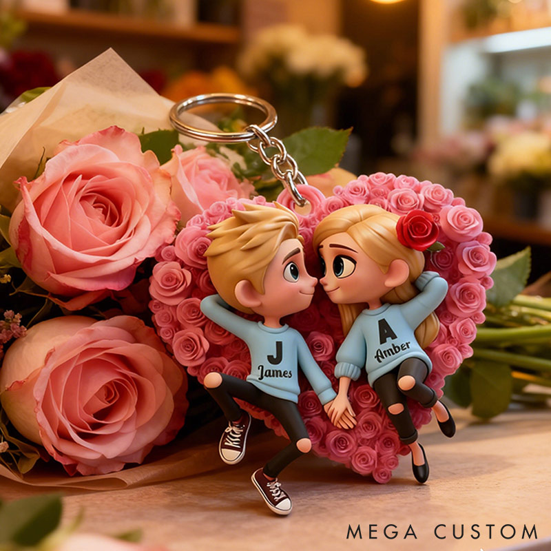 Personalized Couple Rose Heart Keychain Custom Features Initial Names Keychain Romantic Gift for Valentine's Day Gift for Couple For Him Her