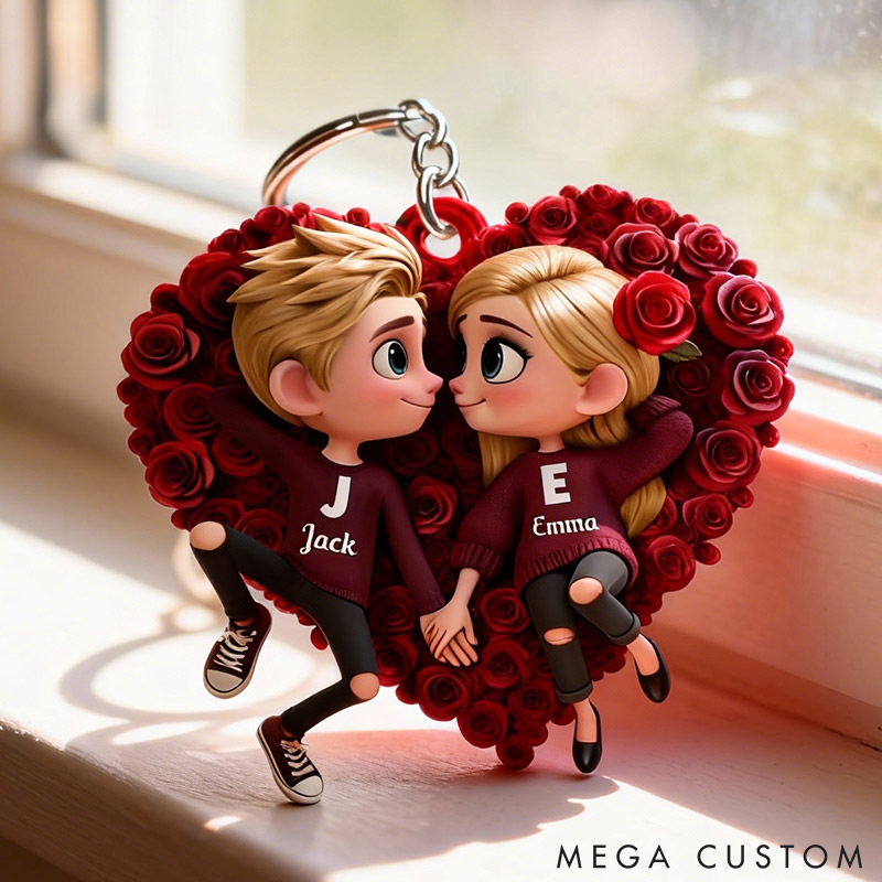 Personalized Couple Rose Heart Keychain Custom Features Initial Names Keychain Romantic Gift for Valentine's Day Gift for Couple For Him Her