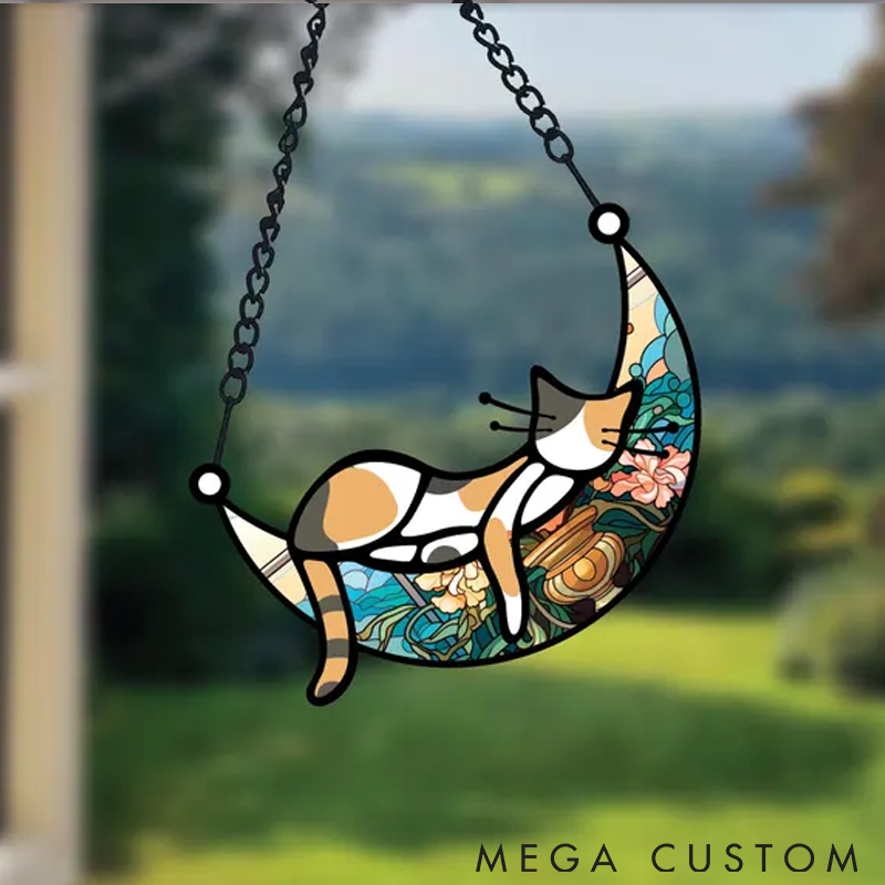 Personalized Cat Lover Sleeping Cat on Moon Sun Catcher