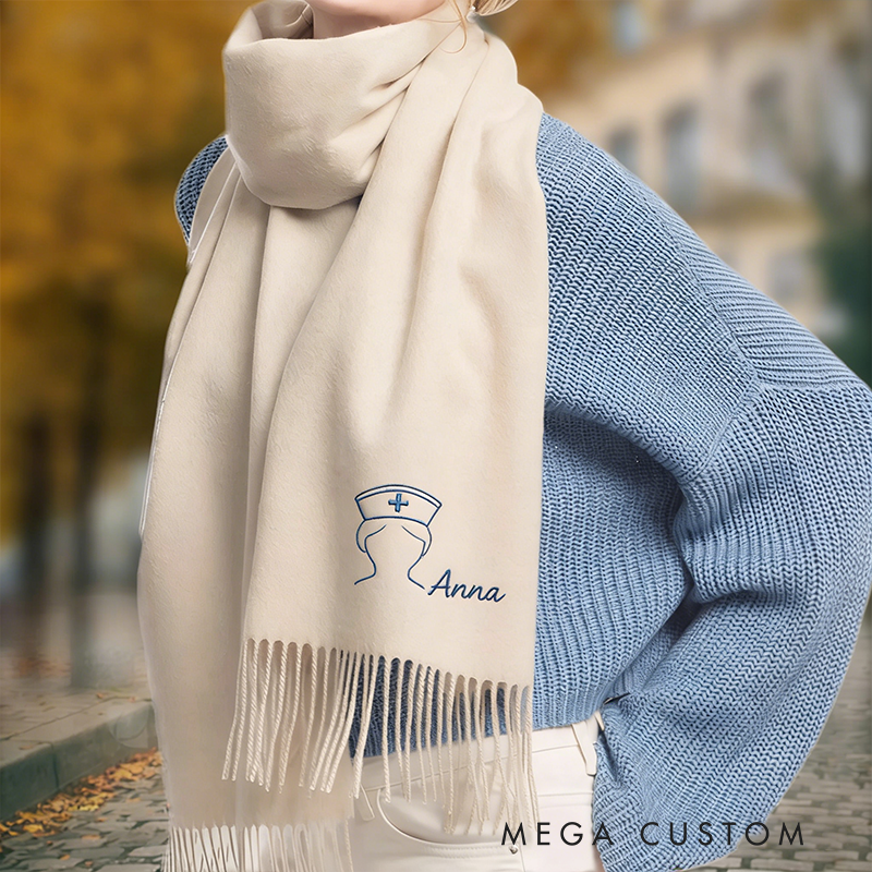 Personalized Nurse Scarf Custom Name Embroidered Shawl Gift for Nurse Girlfriend or Mom Solid Color Winter Wrap