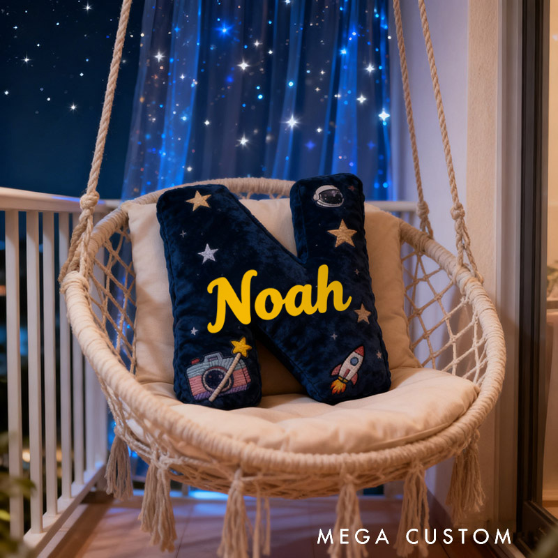 Personalized Graphic 3D Print Camera Planet Letter Pillow with Your Own Name and Initials Soft Stuffed Toy for Kids Unique Decorative Cushion for Boys' Room