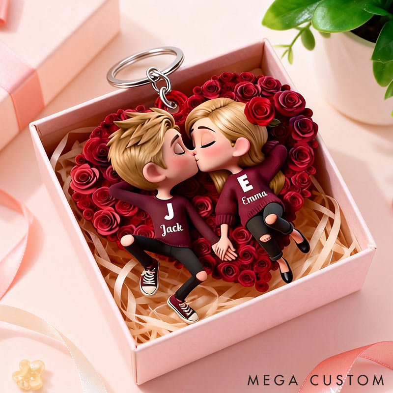 Personalized Couple Rose Heart Keychain Custom Features Initial Names Keychain Romantic Gift for Valentine's Day Gift for Couple For Him Her