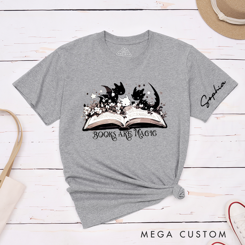 Personalized Books Are Magic Classic T-Shirts Cute Cartoon Dragon Lovers Custom Name Gift for Book Lovers Unisex Reading Tee 