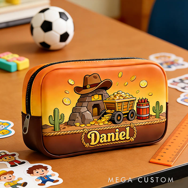 Personalized Cowboy Mining Pencil Case – Custom Name with Gold Mine & Cactus Design