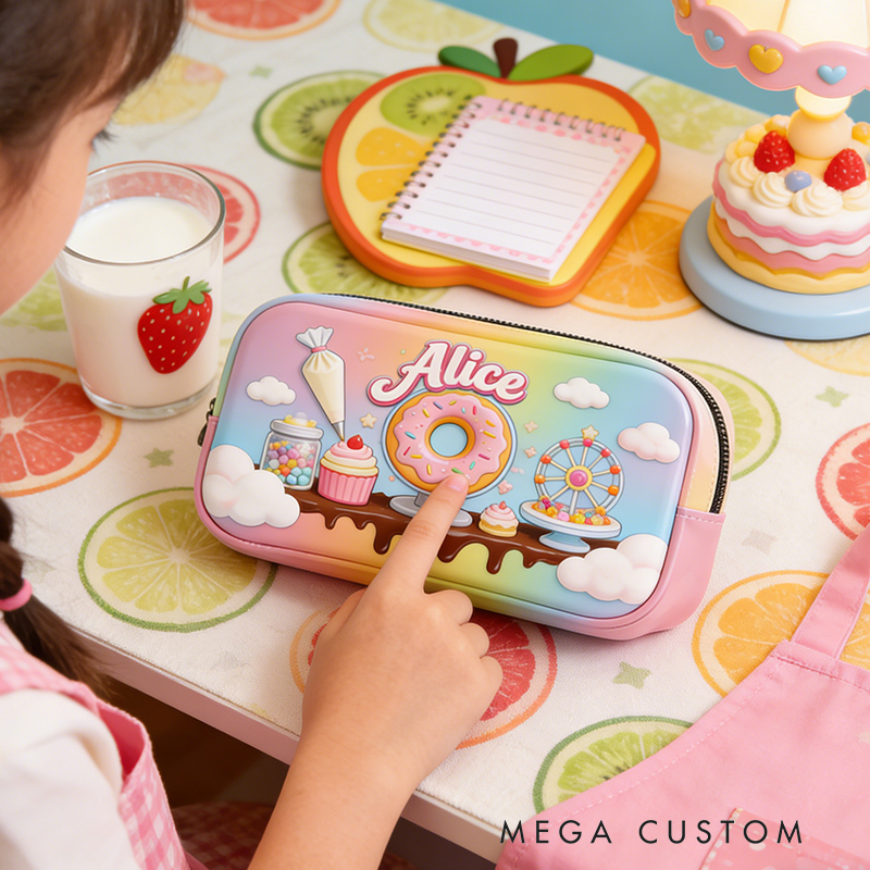 Personalized Pastel Dessert Carnival Pencil Case – Custom name with Donut Ferris Wheel & Cupcakes
