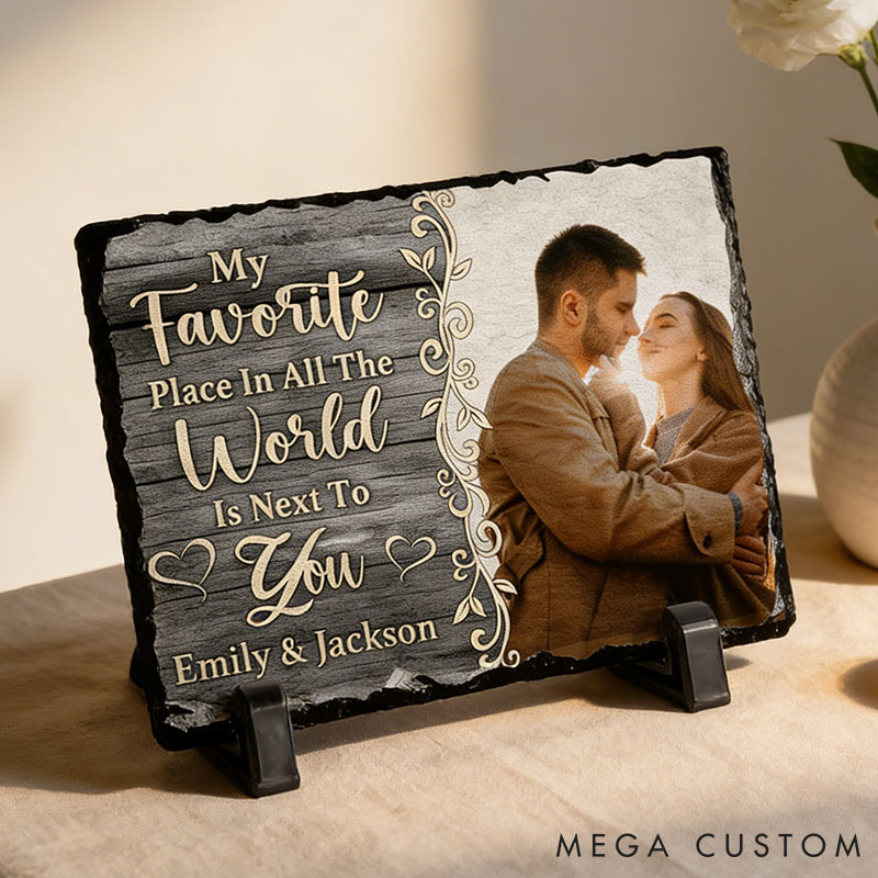 Personalized Couple Photo My Favorite Place in All the World is Next To You Rectangle Shaped Stone with Stand Anniversary Gift Valentines Day Gift