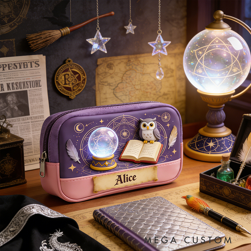Personalized Mystical Owl Magic Pencil Case – Personalized with Crystal Ball & Spellbook Design