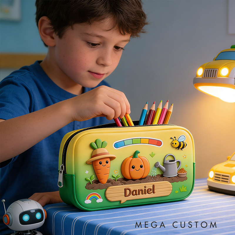 Personalized Cheerful Garden Pencil Case – Custom name with Smiling Carrot, Pumpkin & Rainbow