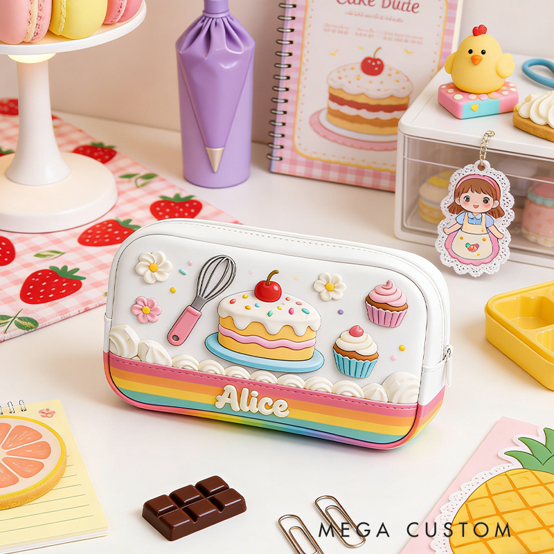 Personalized Sweet Celebration Pencil Case – Custom with 3D Cake, Cupcakes & Rainbow Trim