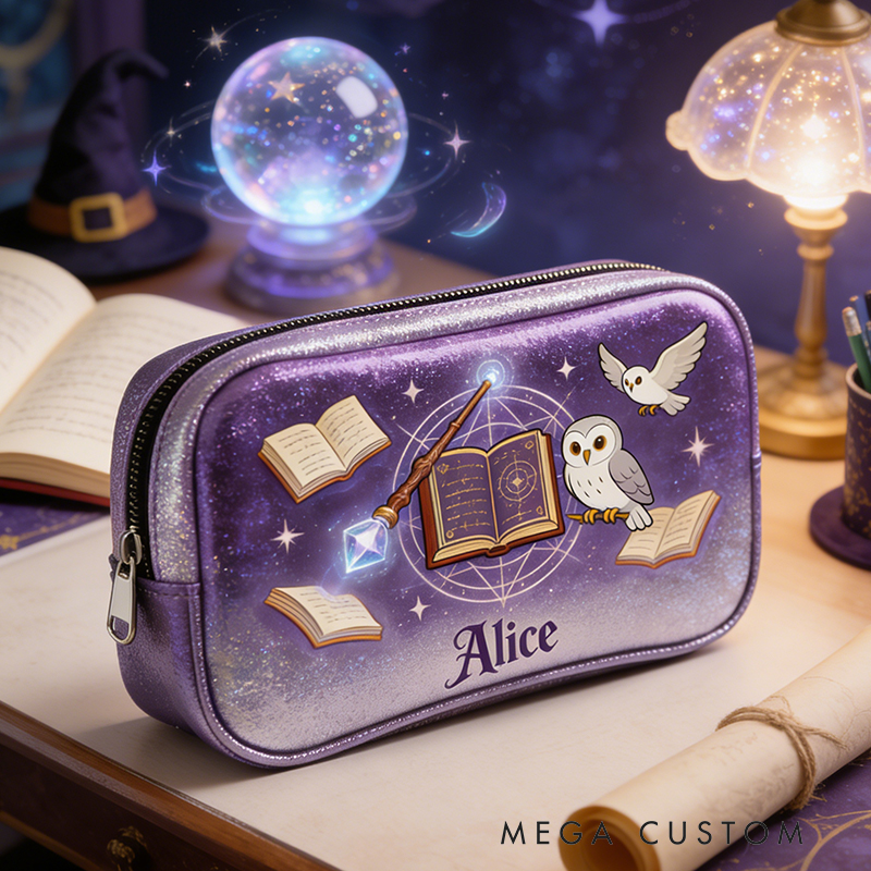 Personalized Wizard’s Library Pencil Case – Personalized with Floating Books, Owl & Crystal