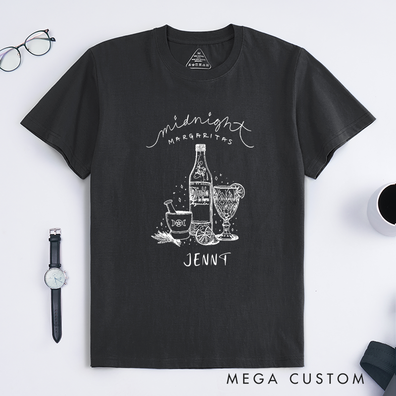 Personalized Midnight Margarita Tequila Lovers Classic T-Shirts Custom Witchy Cocktail Graphic Tee Unique Hand Drawn Gift For Margarita Enthusiasts
