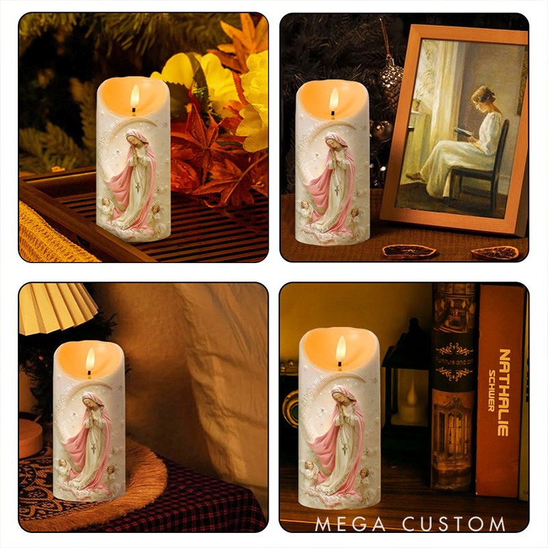 Personalized Soft Light Sacred Night Virgin Mary Flameless LED Candle with Name Catholic Gift Religious Decor Prayer Faith Gift