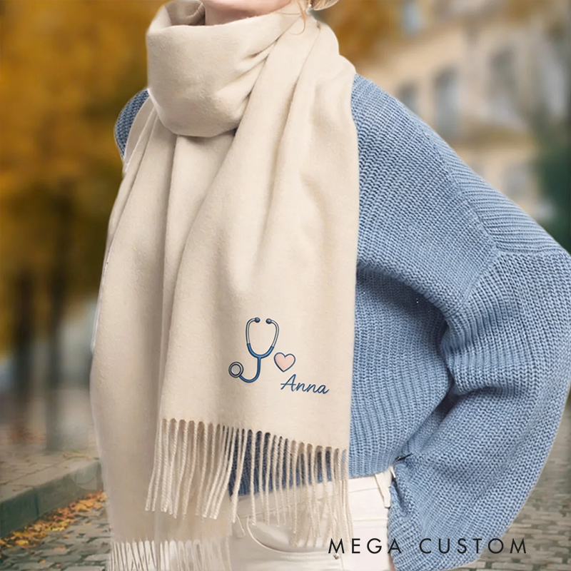 Personalized Nurse Scarf Custom Name Stethoscope Heart Shawl Gift for Nurse Girlfriend or Women Solid Color Winter Wrap