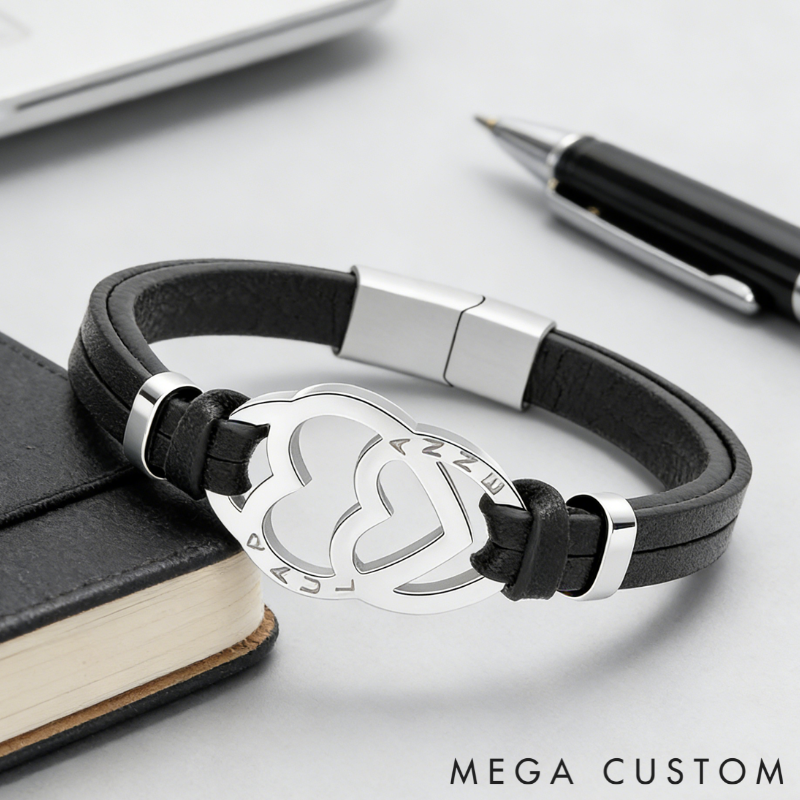 Personalized Stainless Steel Heart in Heart Leather Couple Bracelets with Custom Names for Lovers