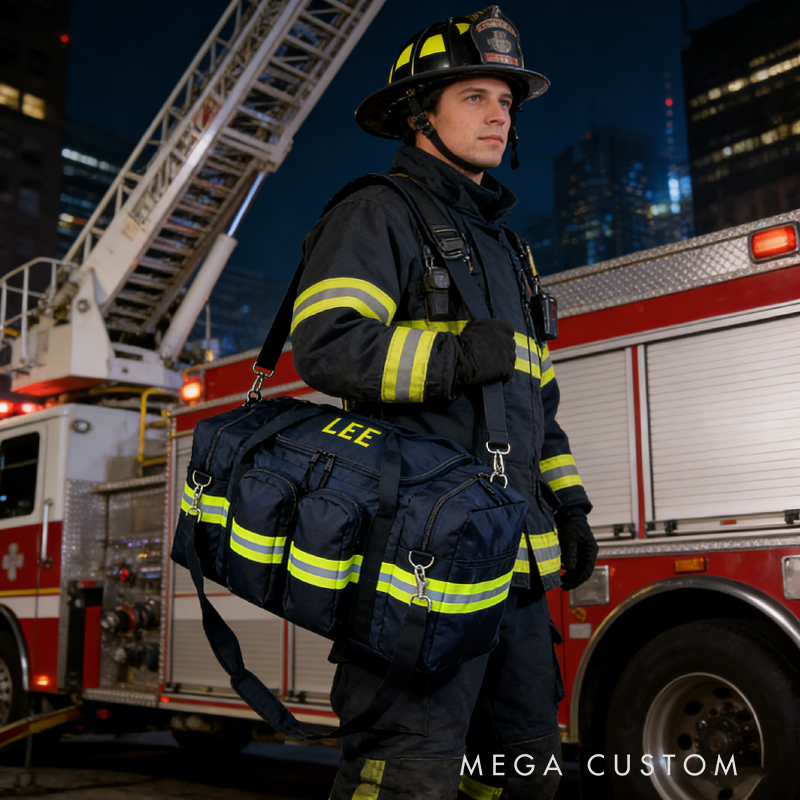 Personalized Custom Firefighter Duty Travel Bag – Personalized Tactical Gear Bag with Reflective Stripes