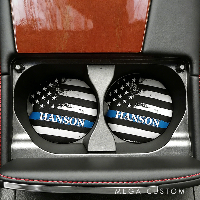 Personalized Custom Police Thin Blue Line Car Coasters – Personalized American Flag Auto Cup Holders (Set of 2)