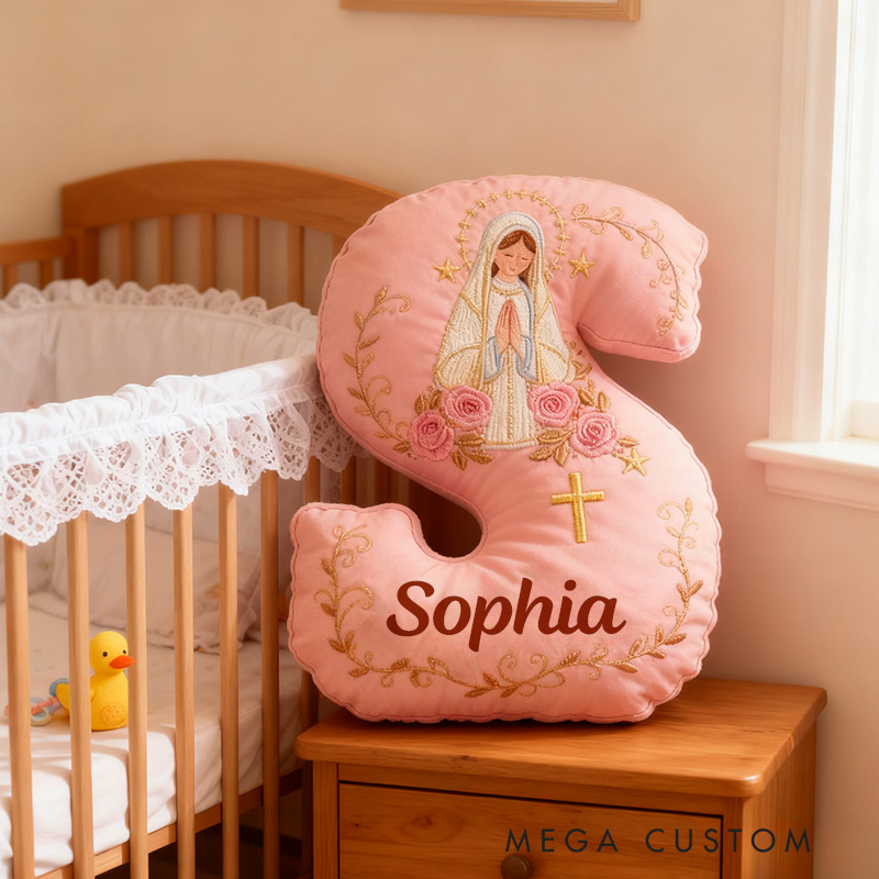 Personalized Virgin Mary Pink Letter Pillow with Custom Name Catholic Home Decor Religious Gift for Her Catholic Gift for Women Graphic 3D Print Pillow