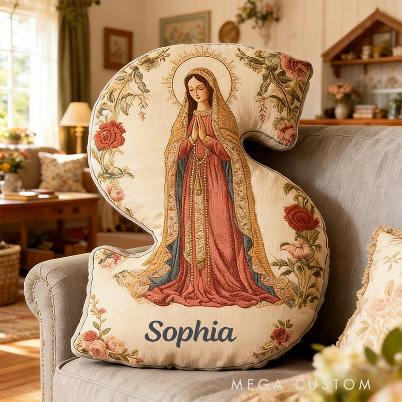 Personalized Our Lady of Guadalupe Rose Floral Graphic 3D Print Letter Pillow with Custom Name Religious Home Decor Catholic Gift for Women