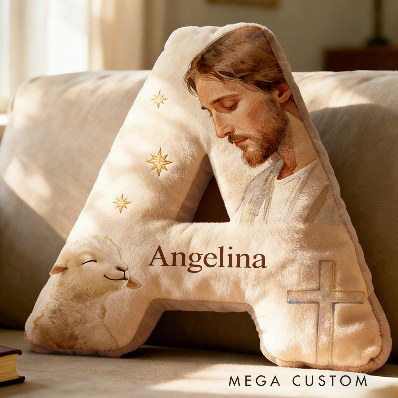 Personalized Jesus Lamb Letter Pillow with Custom Name Religious Home Decor Graphic 3D Print Pillow Christian Gift Faith Gift 