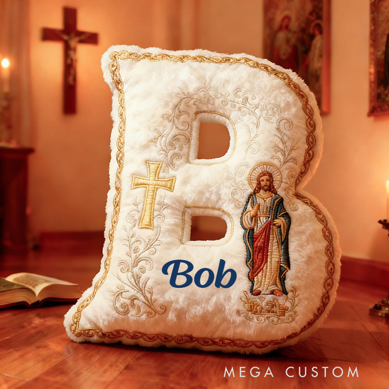 Personalized Jesus Cross Letter Pillow with Custom Name Home Decor Graphic 3D Print Pillow Religious Faith Gift for Christians Jesus Lover Gift