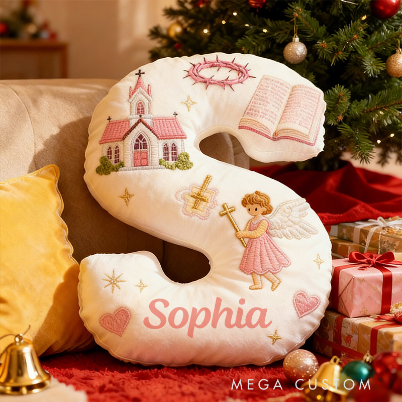 Personalized Little Angel Letter Pillow with Custom Name Kid Room Decor Church Cross Angel Bible Religious Faith Gift for Her Graphic 3D Print Pillow