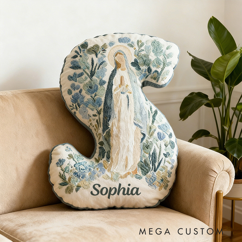 Personalized Blessed Mother of God Floral Virgin Mary Graphic 3D Print Letter Pillow with Custom Name Faith Home Decor Catholic Gift for Women