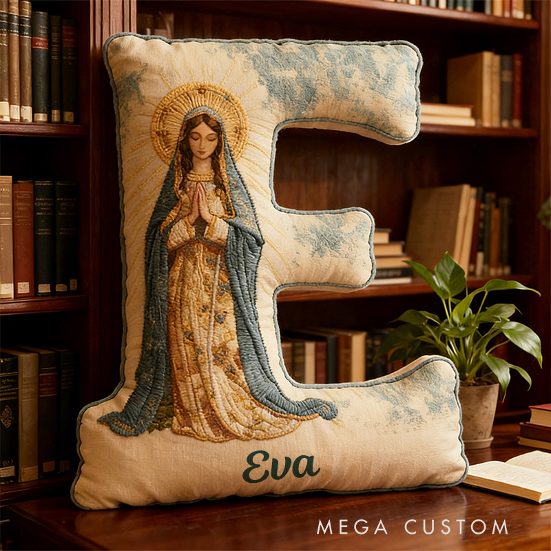 Personalized Virgin Mary Blue Letter Pillow with Custom Name Religious Home Decor Catholic Gift for Her Prayer Faith Gift Graphic 3D Print Pillow